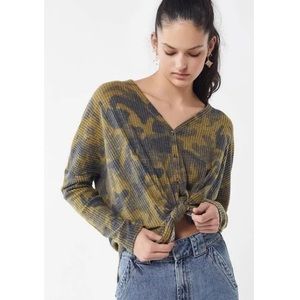 Urban Outfitters JoJo Camo Thermal Long Sleeve Button Tie Front Top